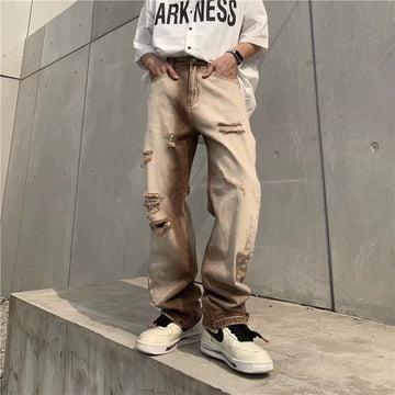Gradient Distressed Washed Vintage Coffee Color Ripped Jeans For Men