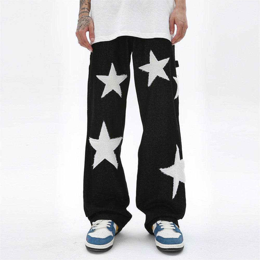 Five Pointed Star Flocking Embroidered Jeans For Men