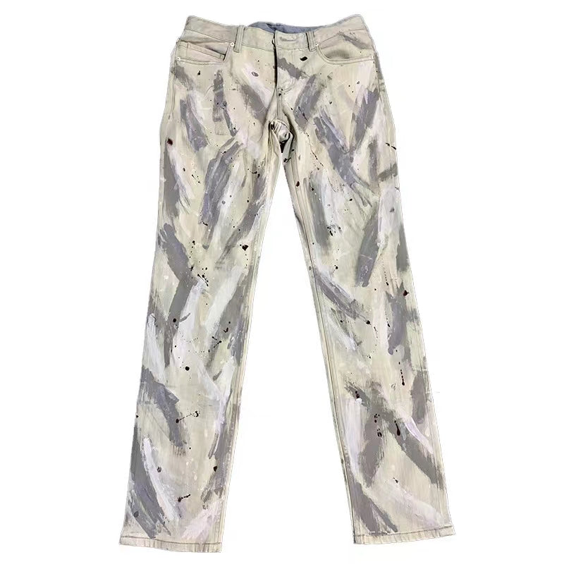 Jeans, Loose Straight, Contrast Color, Hand-Painted Tie-Dye Pants, Graffiti Style Trousers Men