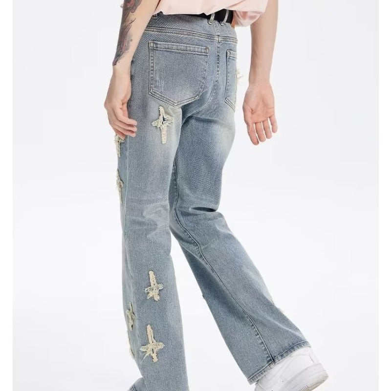 Patch Cross Star Washed American High Street Jeans Men's Loose Straight Embroidered Pants Men