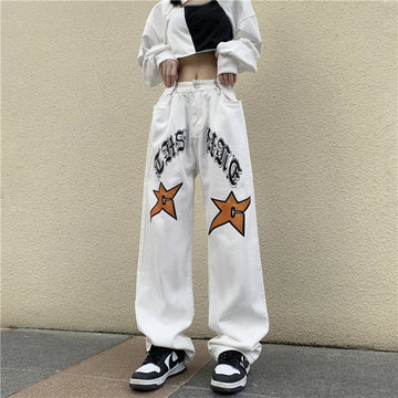 Retro Love Gothic Printed Jeans For Men And Women Loose-fitting Wide-leg Trousers