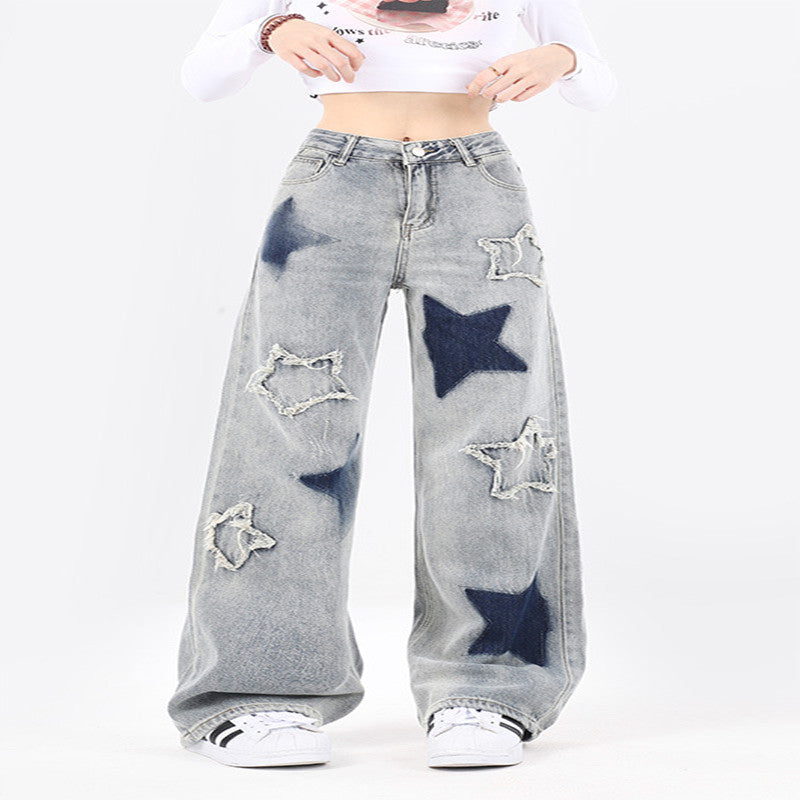 National Fashion XINGX Embroidery Washed Worn Jeans Men And Women Straight-leg Trousers