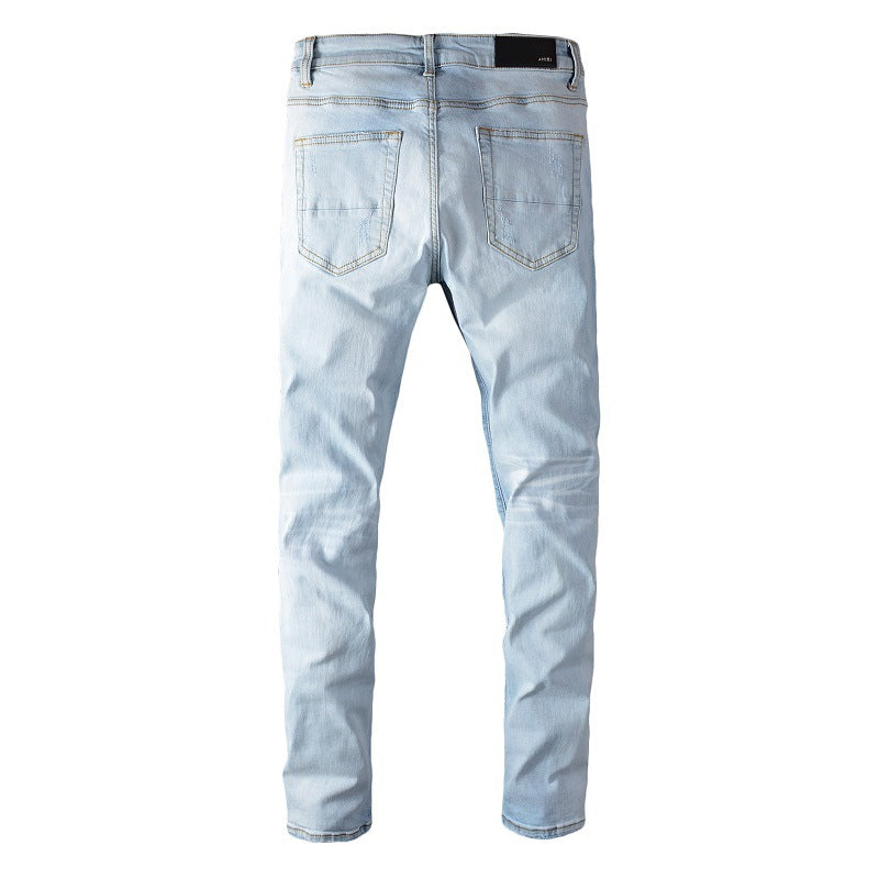 Trendy Brand Jeans Light Blue Ripped Patch Slim Fit Calf Pants Men