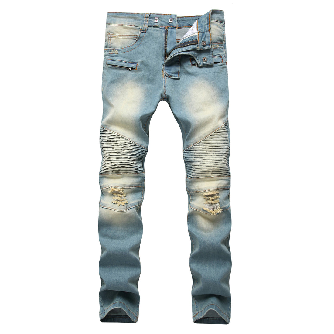 Cross border special for men's zipper, jeans, broken holes, dragging the yellow, nostalgic men, Europe and America high street stretch pants