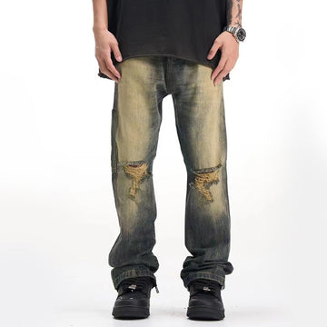 American Retro Make Old Ripped Cement Yellow Jeans For Men