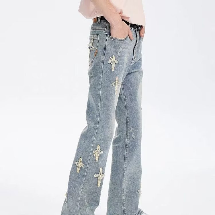 Patch Cross Star Washed American High Street Jeans Men's Loose Straight Embroidered Pants Men