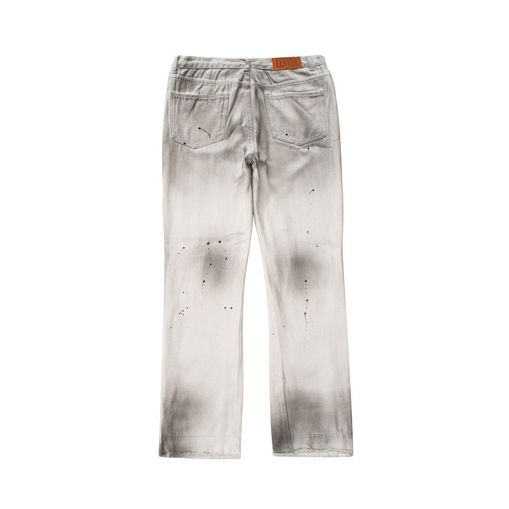 Ink Splashed Distressed Tie-dye Raw Edge Jeans For Men