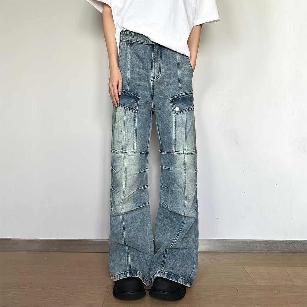 Retro High Street Vibe Design Workwear Washed Light Color Loose Jeans For Men